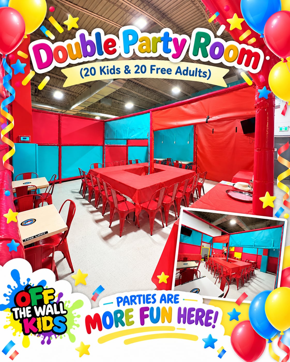 Double party room at Off The Wall Kids London — 20 kids & 20 free adults