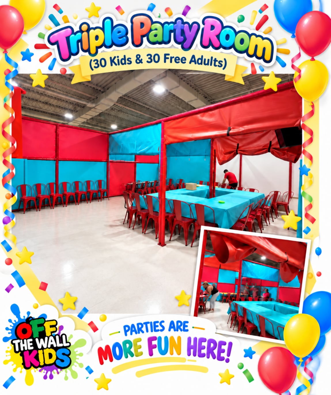 Triple party room at Off The Wall Kids London — 30 kids & 30 free adults